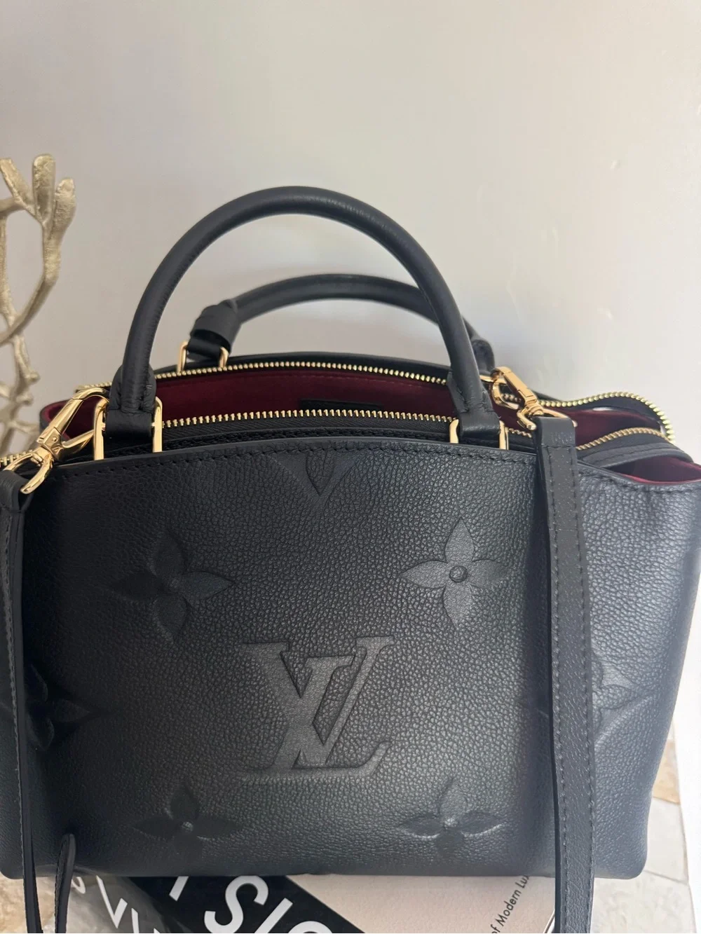 Louis Vuitton Black Embossed Monogram Satchel with Gold Hardware